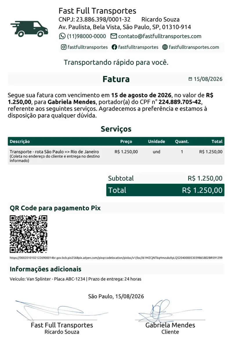 Fatura de mil duzentos e cinquenta reais emitida antes do pagamento