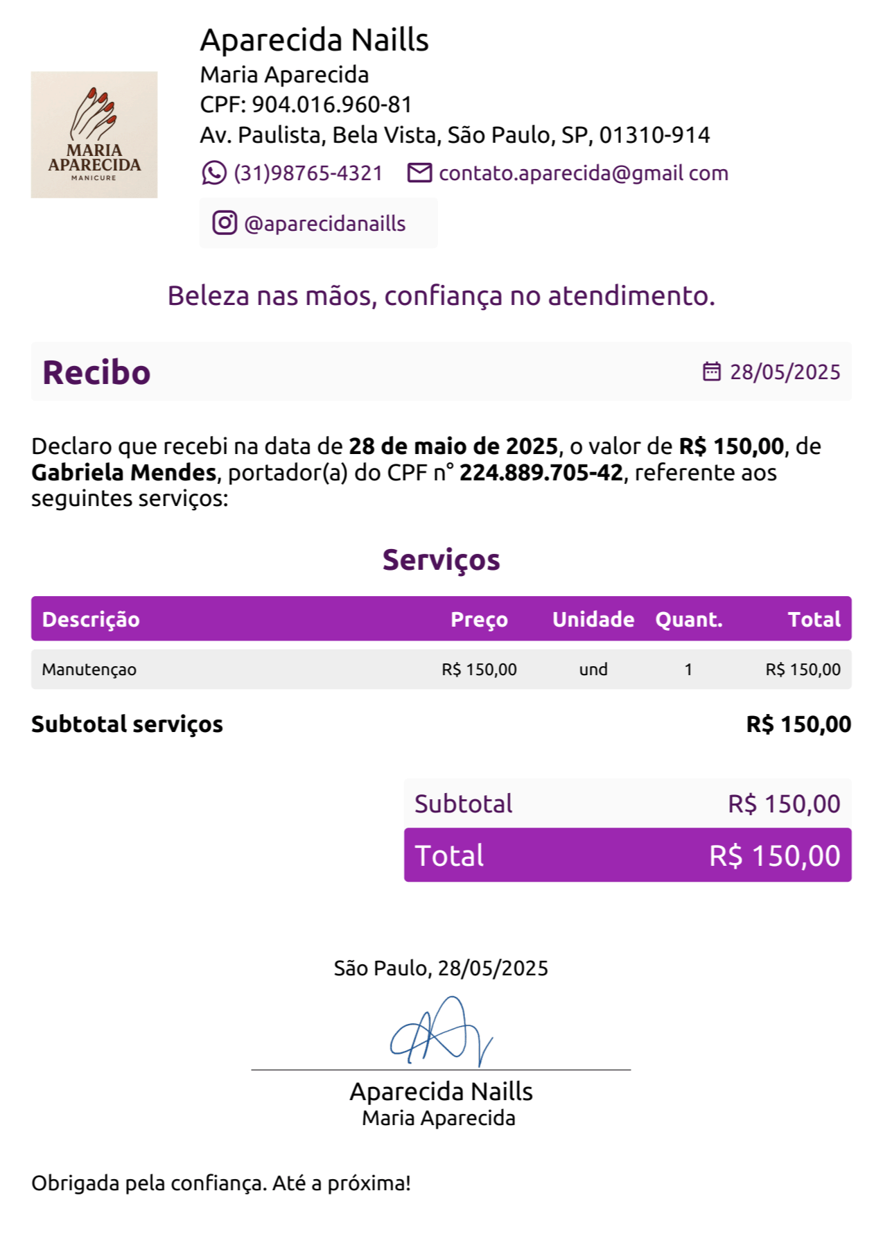 [Imagem de um Recibo Personalizado]