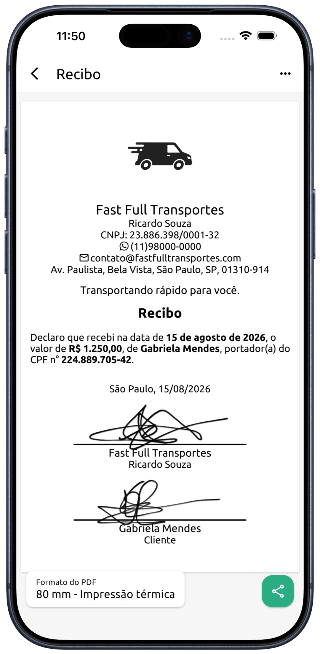 Documento no formato de 80 milímetros exibido no aplicativo Atual Recibo