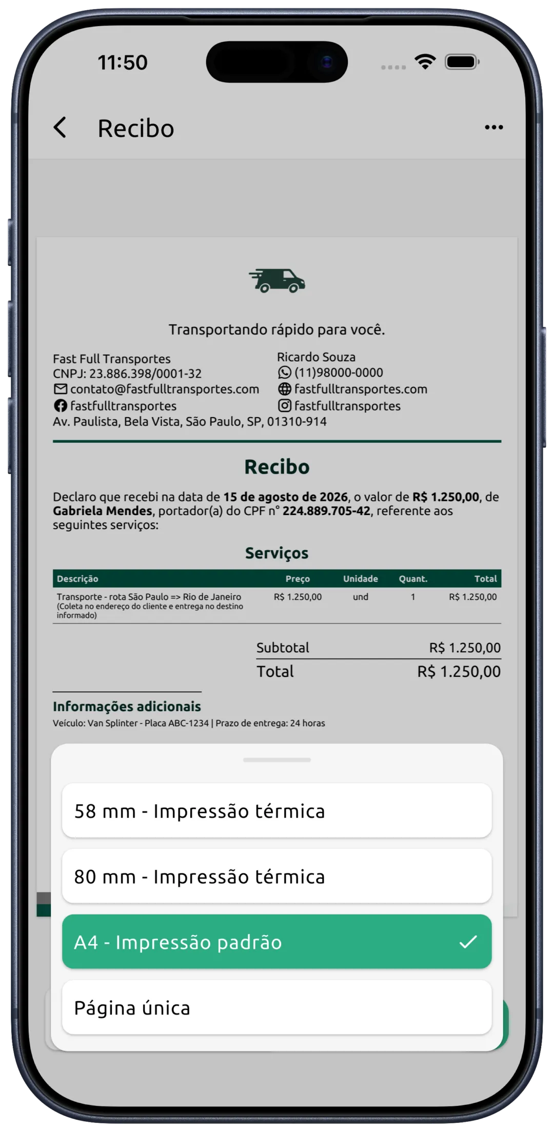 Opções de formato do PDF no aplicativo Atual Recibo, incluindo impressão térmica de 58 e 80 milímetros