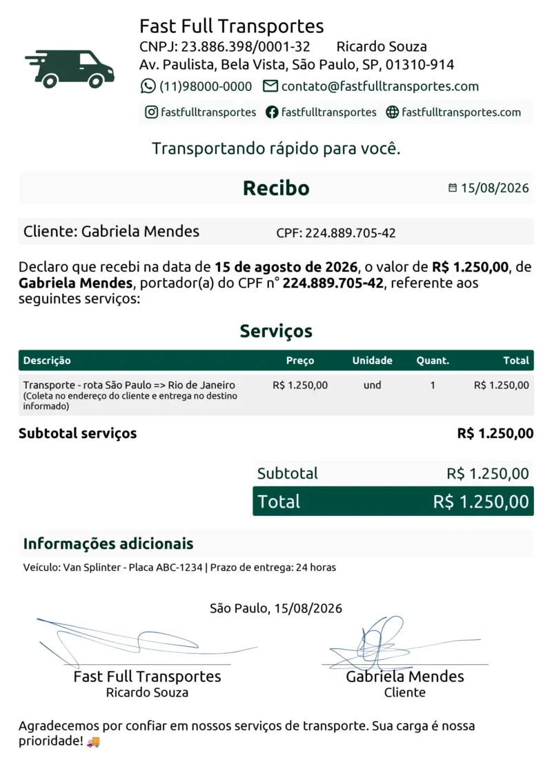 Recibo de mil duzentos e cinquenta reais gerado após o pagamento