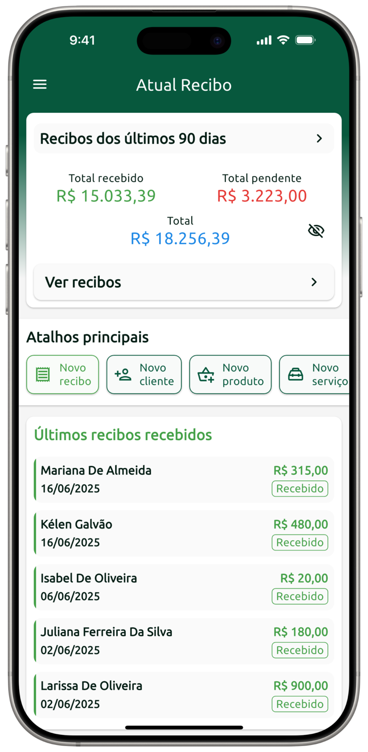 [Imagem da tela do aplicativo Atual Recibo em um celular]
